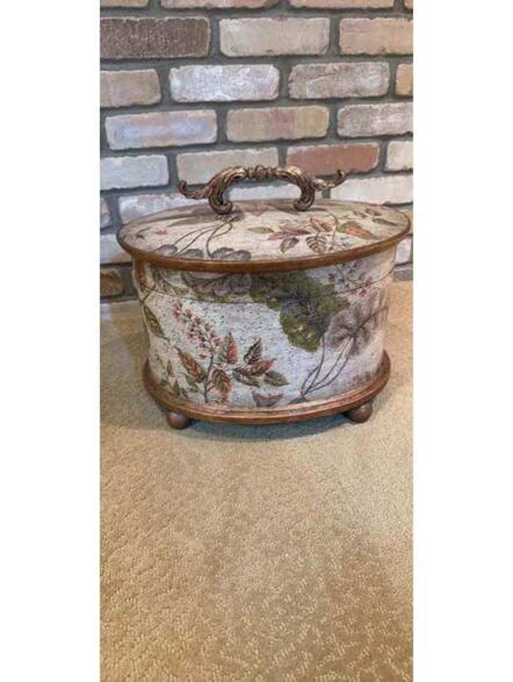 Vintage Floral Decorative Storage Box with Lid and Ornate Handle